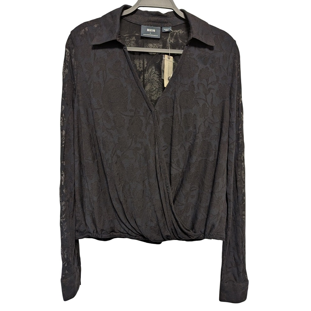 Maeve Anthropologie Top Medium Black Floral Burnout Wrap Sheer Dark Academia